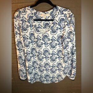 LOFT White and Blue Patterned Blouse